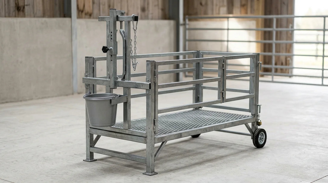 Heavy-duty steel goat trimming stand with adjustable headpiece and feeder