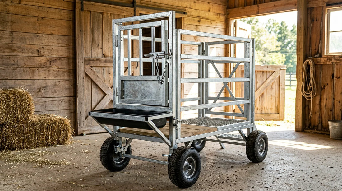 Heavy-duty steel goat milking stanchion with adjustable head gate in a barn