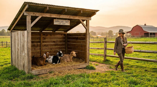 Charming three-sided DIY goat shelter with metal roof on an American homestead pasture