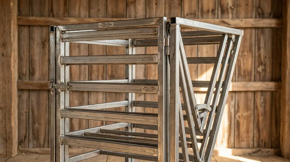 Collapsible steel hay feeder for sheep and goats with horizontal bar spacing