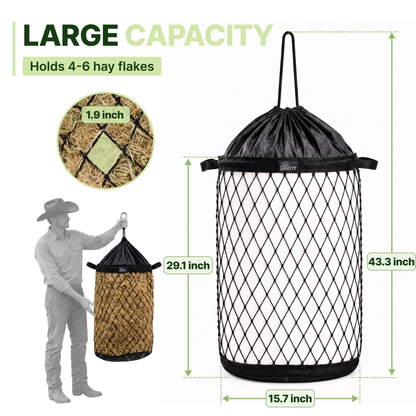 Slow Feed Hay Bag for Goats, Sheep & Horses with Quick Fill Collar
