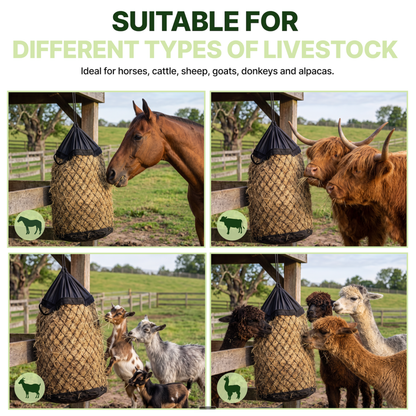 Slow Feed Hay Bag for Goats, Sheep & Horses with Quick Fill Collar