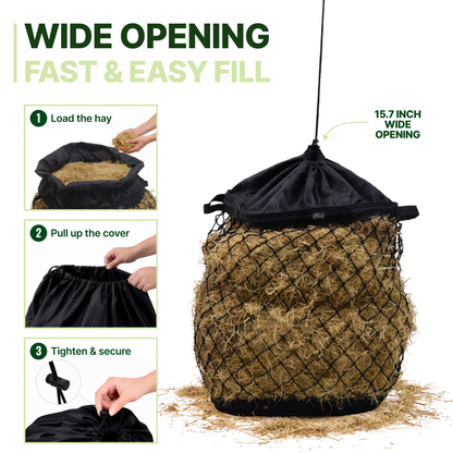 Slow Feed Hay Bag for Goats, Sheep & Horses with Quick Fill Collar