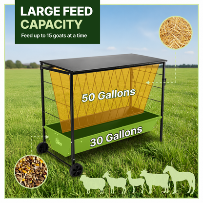 Large Hay Feeder for Goats & Sheep with Roof & Wheels