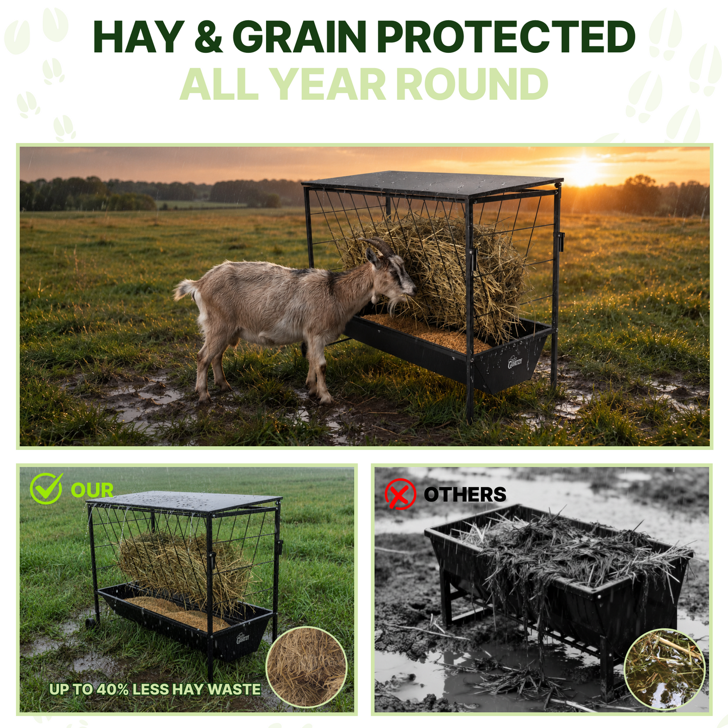 Large Hay Feeder for Goats & Sheep with Roof & Wheels