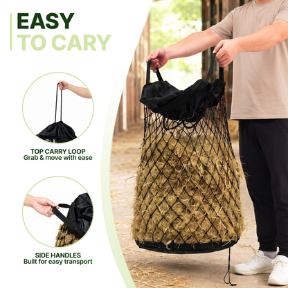 Slow Feed Hay Bag for Goats, Sheep & Horses with Quick Fill Collar
