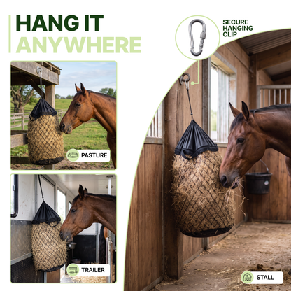 Slow Feed Hay Bag for Goats, Sheep & Horses with Quick Fill Collar