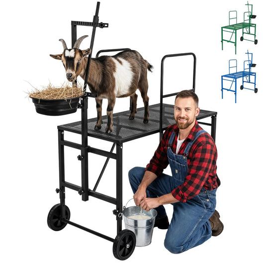 Goatzy heavy-duty steel goat milking stand with adjustable headpiece in black