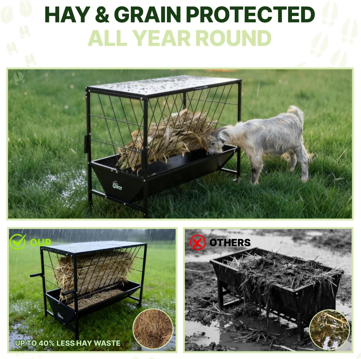 Lockable wheels on the Goatzy large hay feeder for easy moving