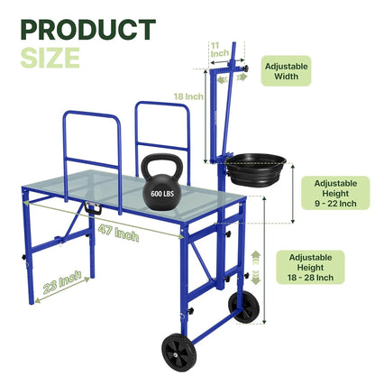 Blue goat stand dimensions: 47 x 23 inch platform, 600 lbs capacity, adjustable height #blue