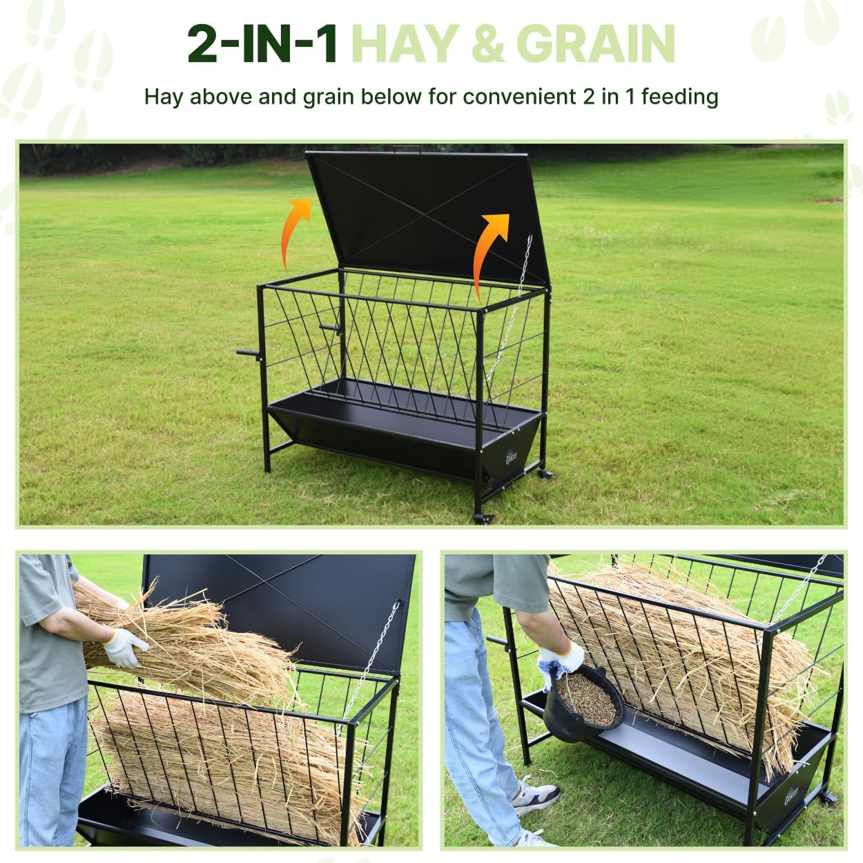 Large hay feeder holding a round bale for goats and sheep