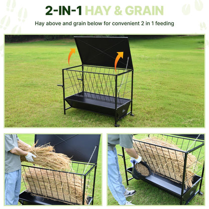 Large hay feeder holding a round bale for goats and sheep