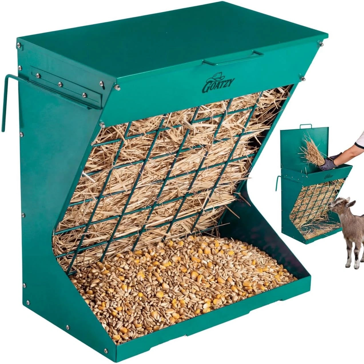 Wall Mount Hay Feeder With Roof for Goats, Horses & Sheep (GREEN)