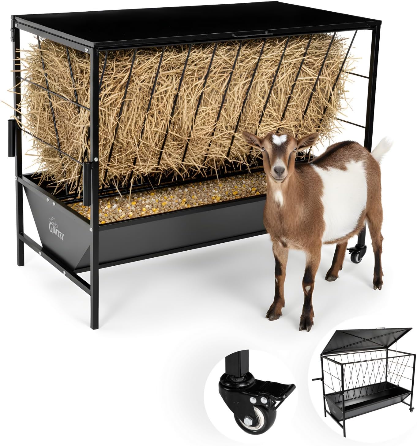 Large hay feeder for goats and sheep with roof and wheels in black