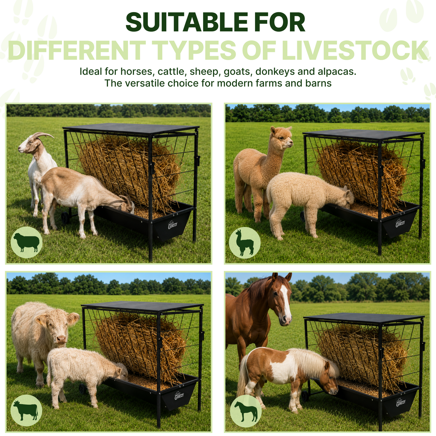 Large Hay Feeder for Goats & Sheep with Roof & Wheels