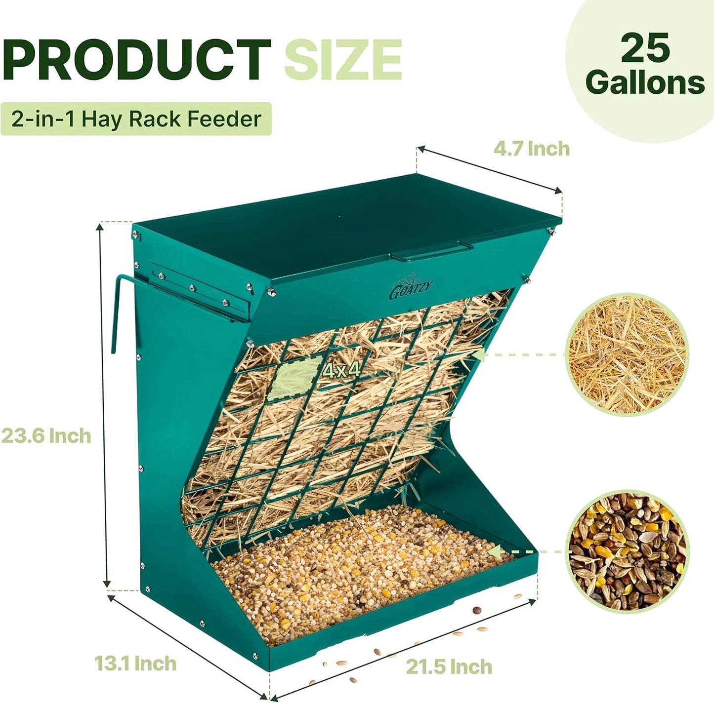 Wall Mount Hay Feeder With Roof for Goats, Horses & Sheep (GREEN)