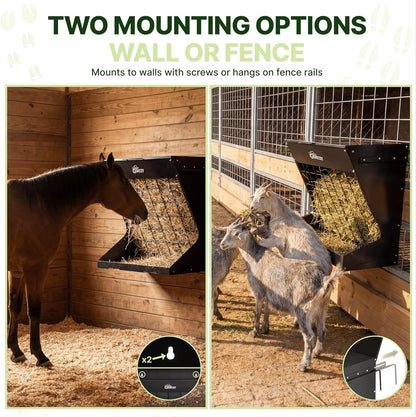 Wall mount hay feeder installed on a barn wall