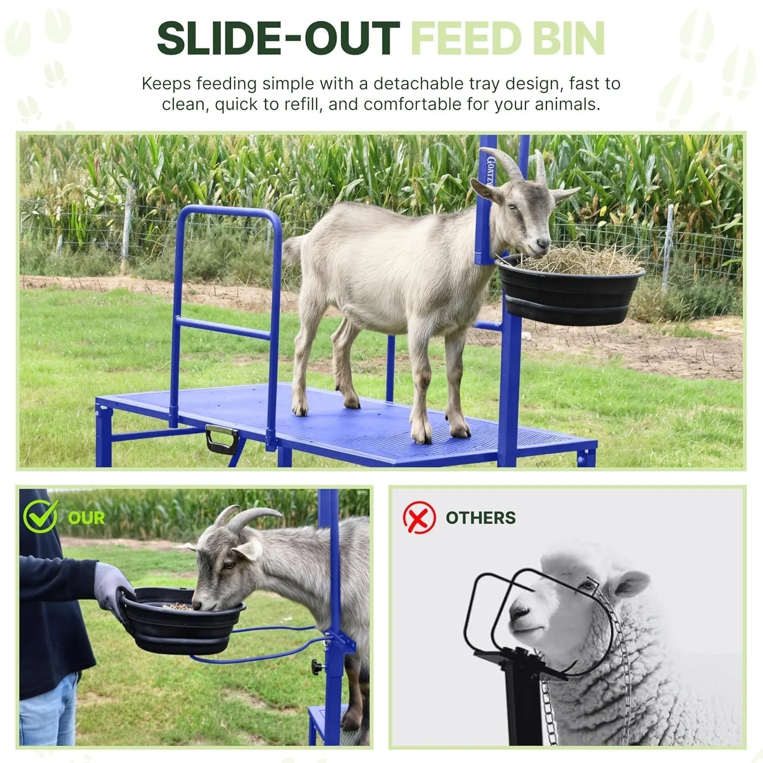 Slide-out feed bin on the blue goat stand keeps feeding simple #blue