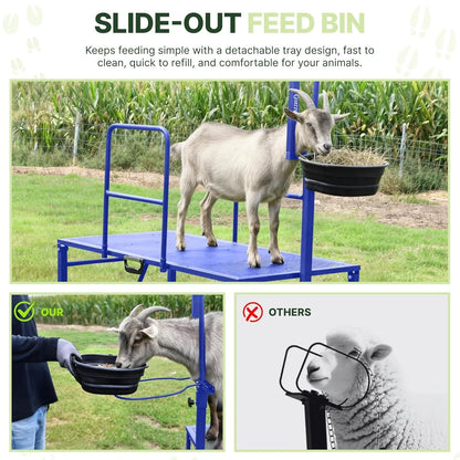Slide-out feed bin on the blue goat stand keeps feeding simple #blue