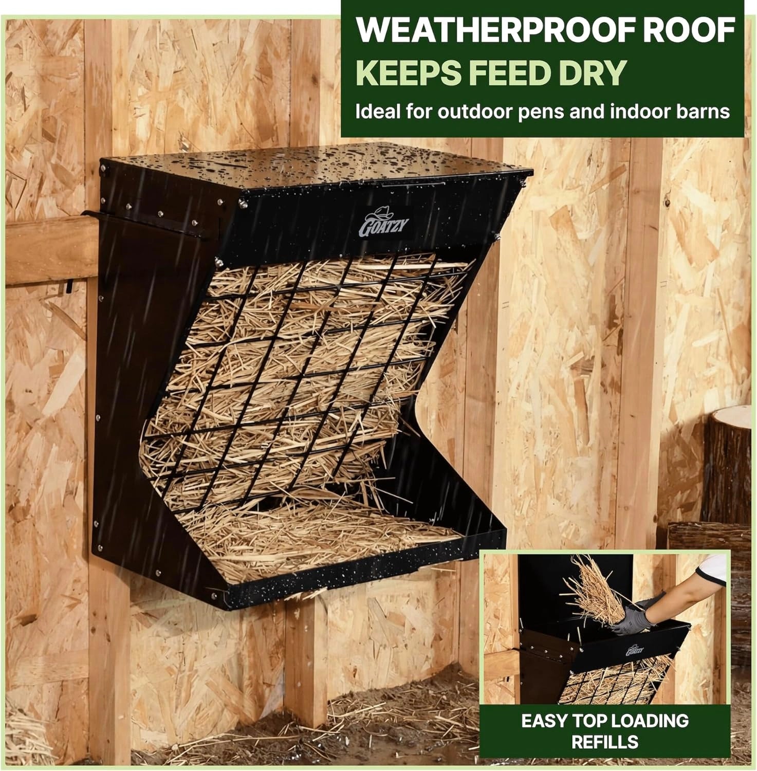 Roof cover keeping hay dry on the wall mount hay feeder
