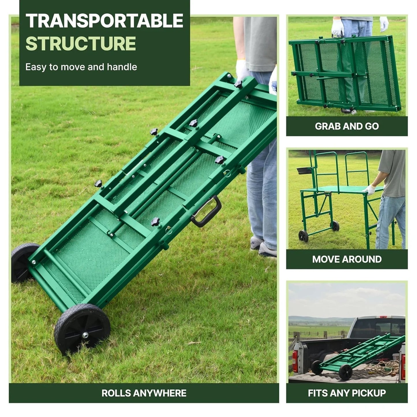 Foldable green goat stand with wheels, easy to transport and fits any pickup #green