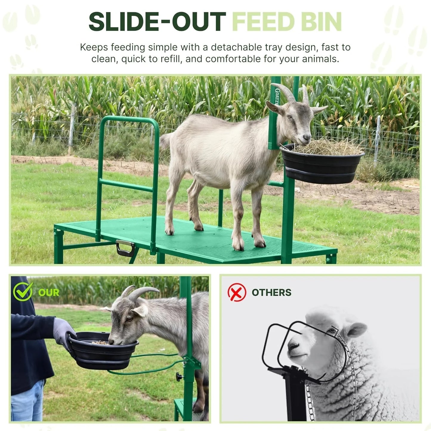 Slide-out feed bin on the green goat stand keeps feeding simple #green