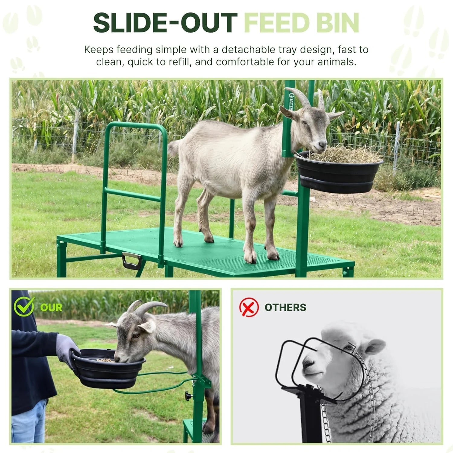 Slide-out feed bin on the green goat stand keeps feeding simple #green