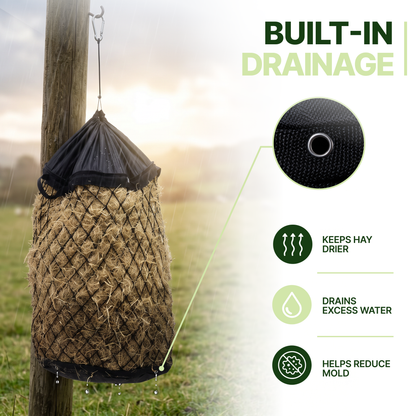 Slow Feed Hay Bag for Goats, Sheep & Horses with Quick Fill Collar