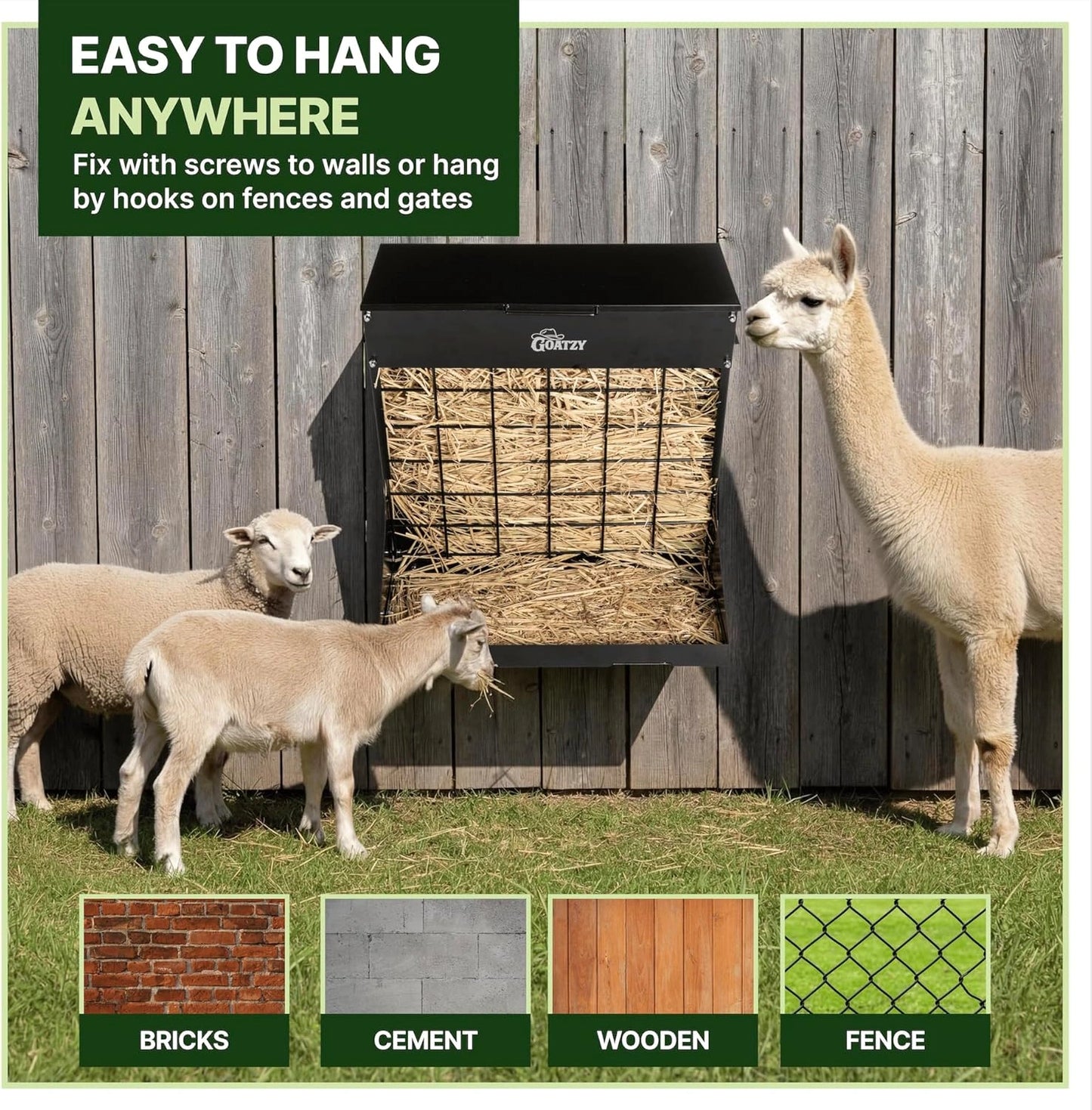 Built-in feed tray of the wall mount hay feeder reducing hay waste