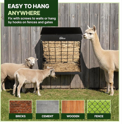 Built-in feed tray of the wall mount hay feeder reducing hay waste