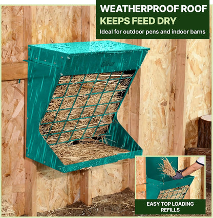 Wall Mount Hay Feeder With Roof for Goats, Horses & Sheep (GREEN)