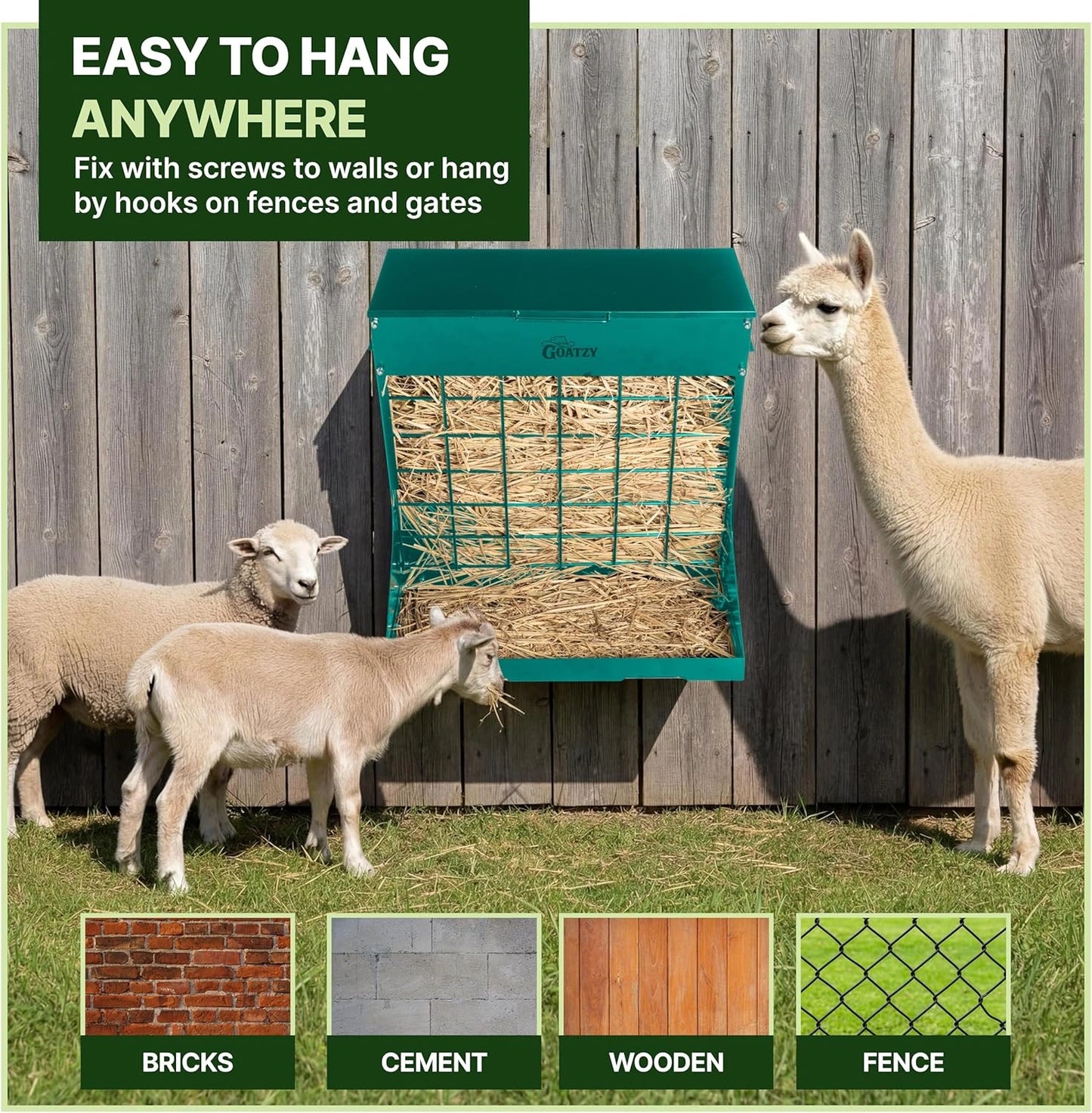 Wall Mount Hay Feeder With Roof for Goats, Horses & Sheep (GREEN)