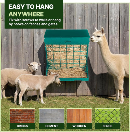 Wall Mount Hay Feeder With Roof for Goats, Horses & Sheep (GREEN)