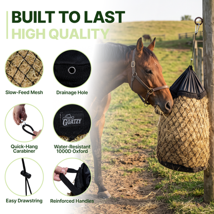 Slow Feed Hay Bag for Goats, Sheep & Horses with Quick Fill Collar