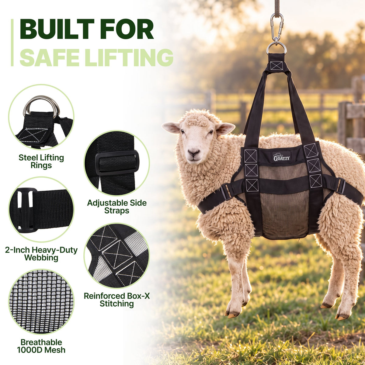 Steel lifting rings, adjustable side straps, 2-inch webbing, Box-X stitching and breathable mesh