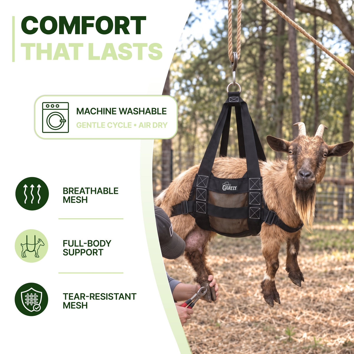 Machine washable sling with breathable, tear-resistant mesh