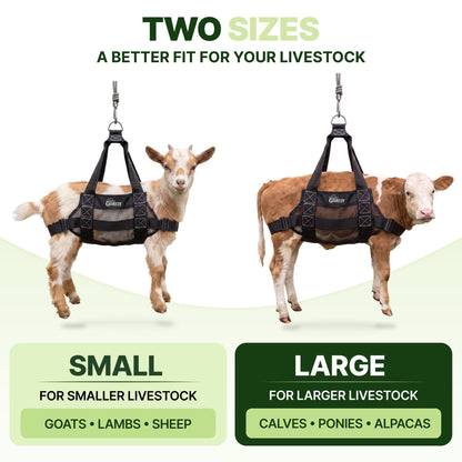 Two sizes: Small for goats, lambs and sheep, Large for calves, ponies and alpacas