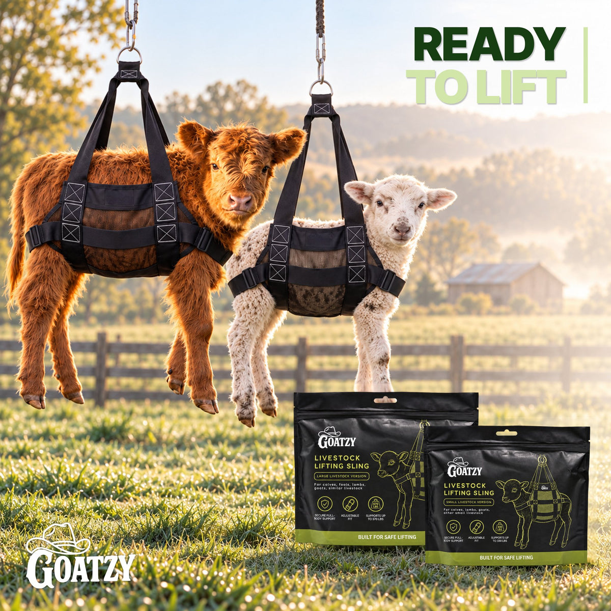 Calf and lamb in Goatzy slings with the packaging