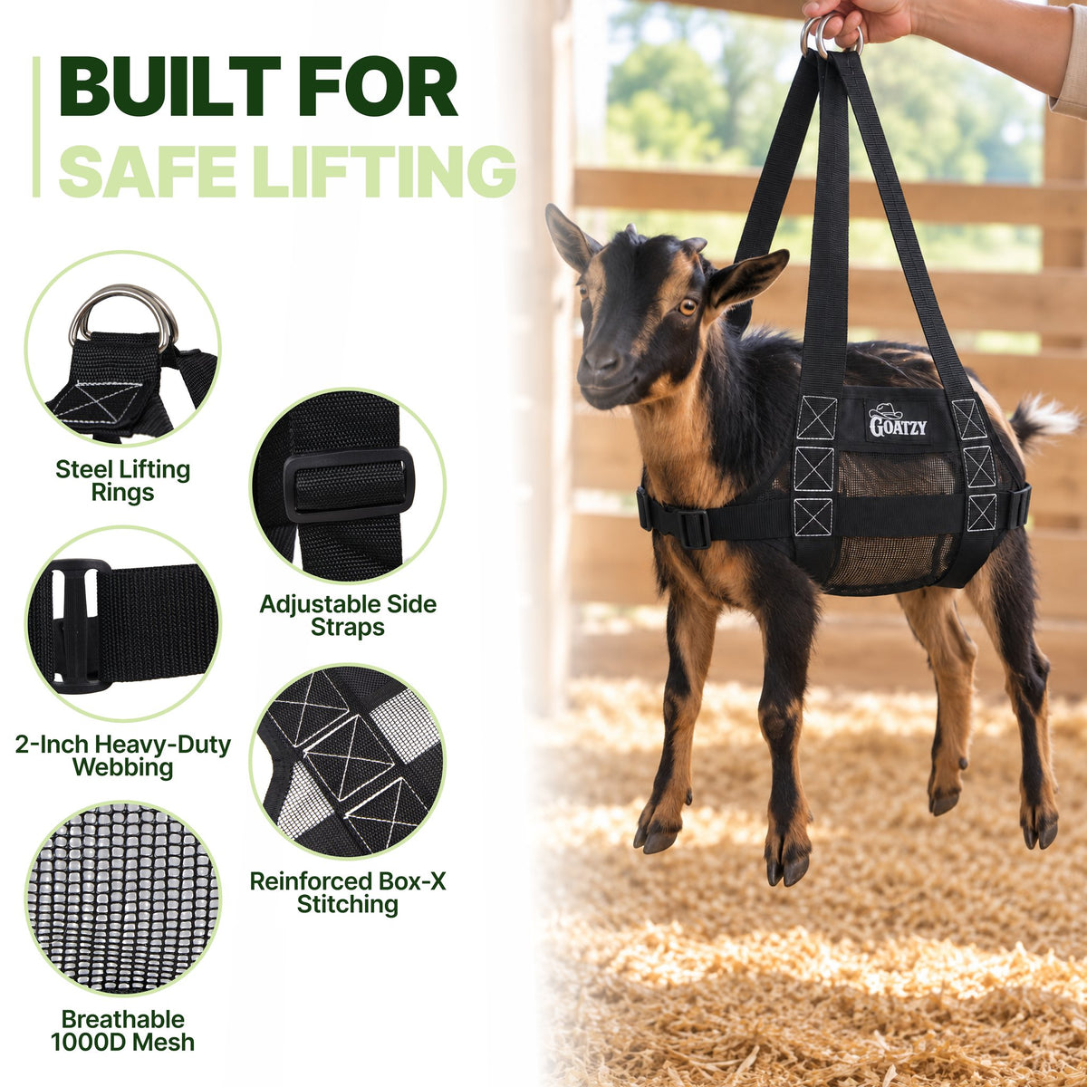 Steel rings, adjustable side straps, 2-inch webbing, Box-X stitching and breathable mesh on a goat