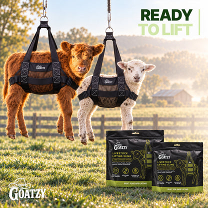 Lamb and calf in Goatzy slings with the packaging