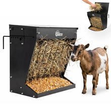 Black hay feeder shown with a goat and easy top-loading refill #black