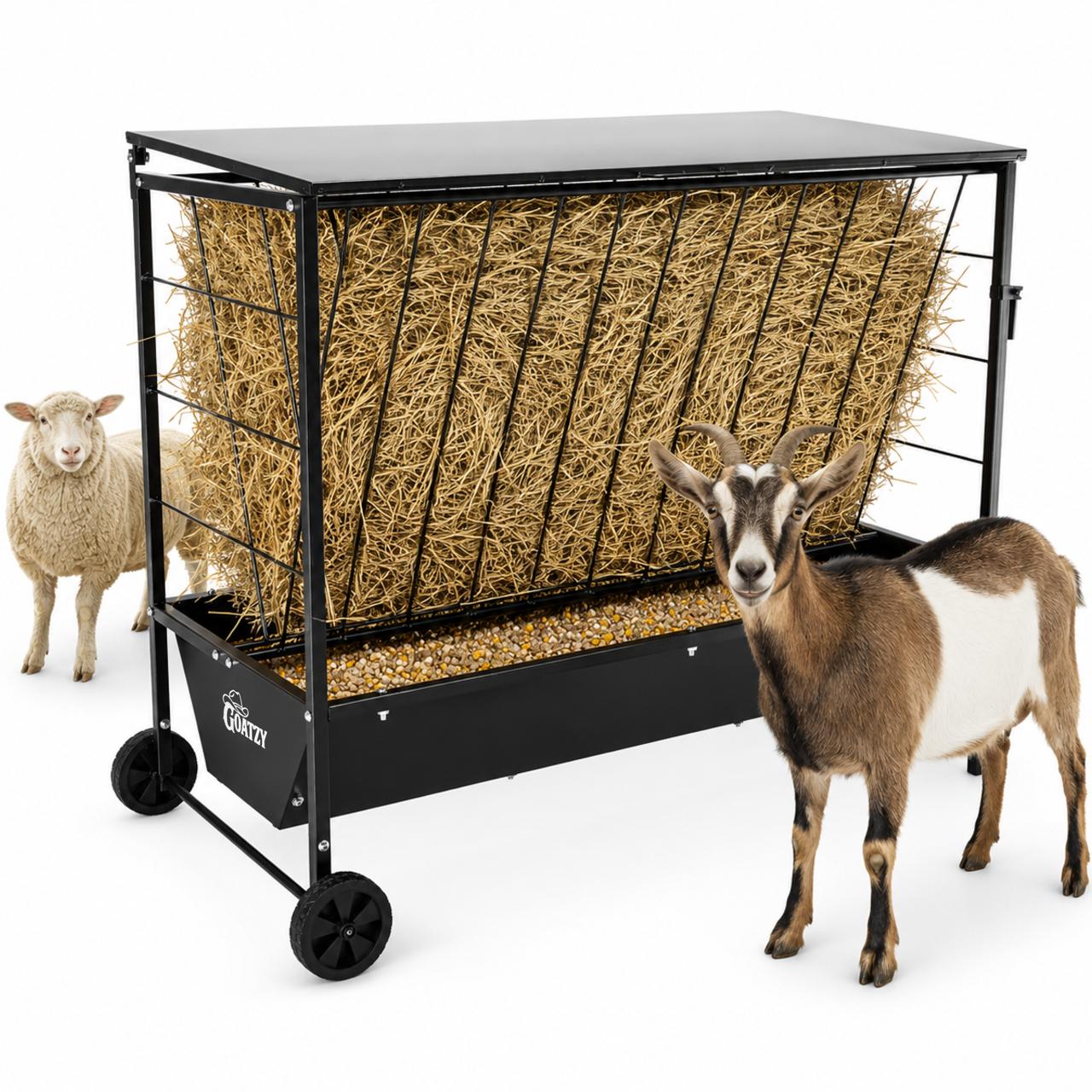 Large Hay Feeder for Goats & Sheep with Roof & Wheels