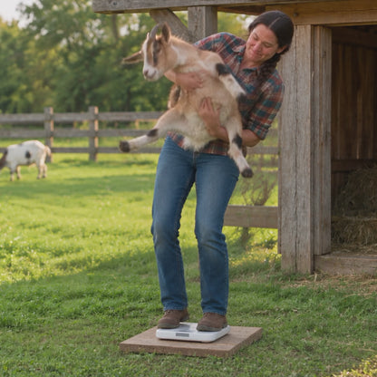 Goatzy Goat Sling weighing goats and a lamb on a hanging scale
