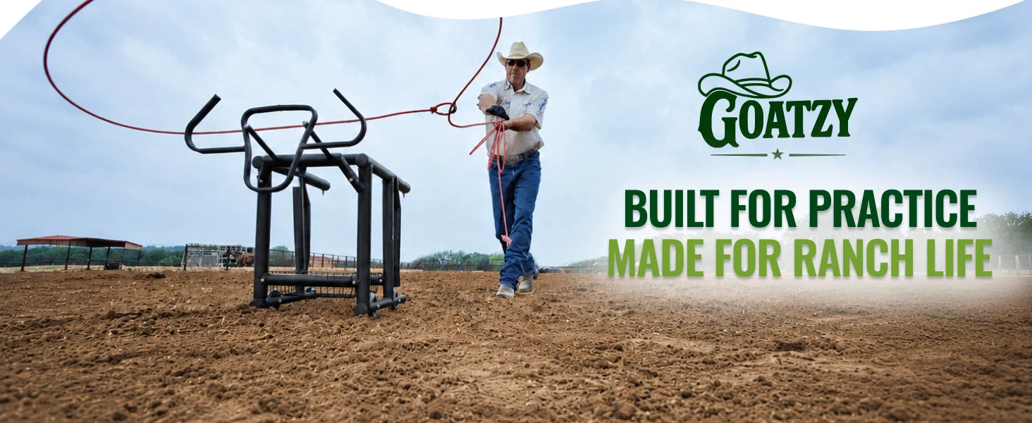 Goatzy roping dummy in a ranch arena: built for practice, made for ranch life