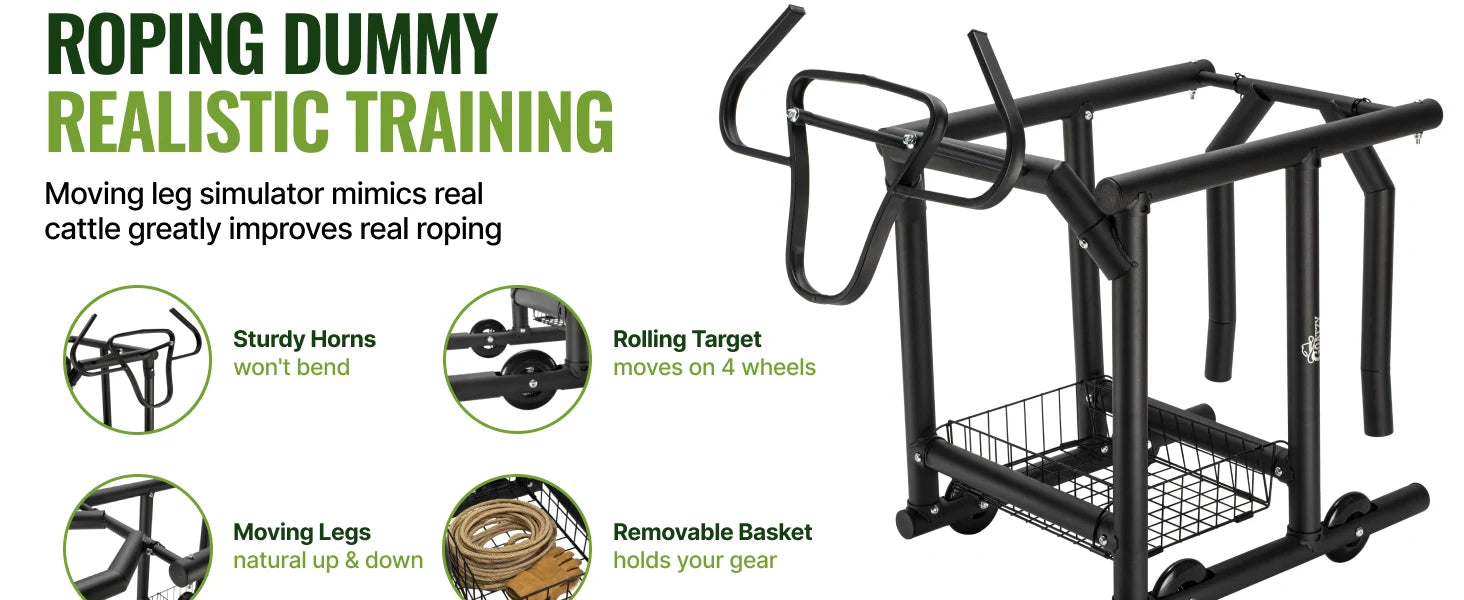 Roping dummy realistic training: sturdy horns, rolling target, moving legs, removable basket
