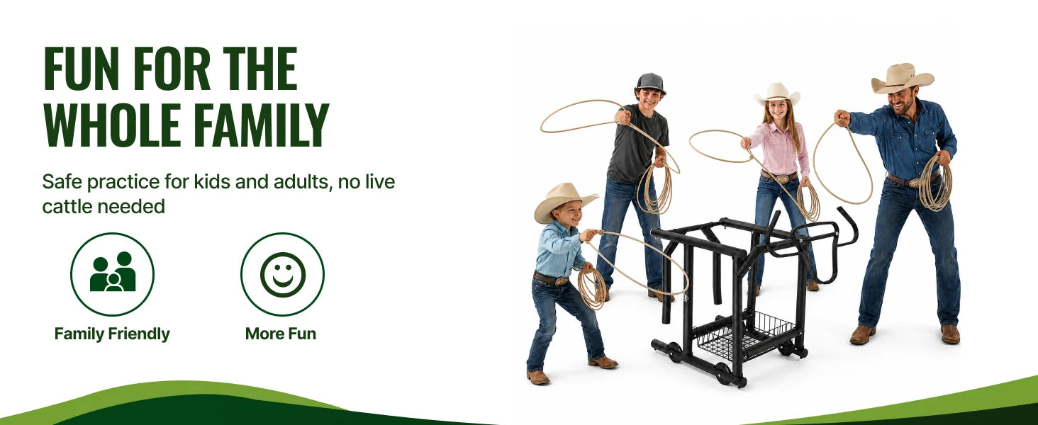 Fun for the whole family: safe roping practice for kids and adults, no live cattle needed