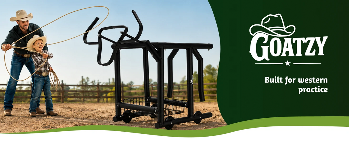 Goatzy, built for western practice: a father and son roping the dummy on a ranch