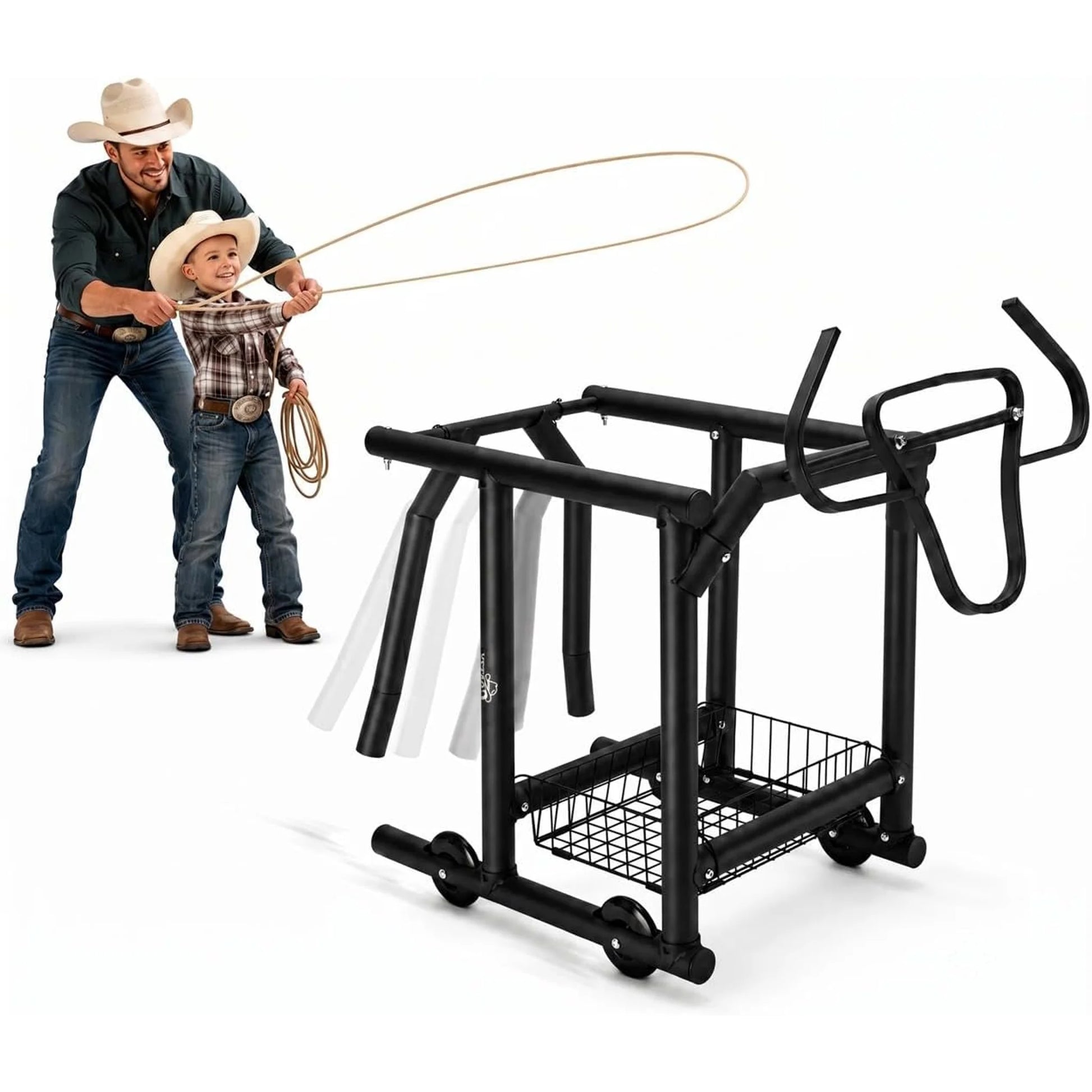 Goatzy rolling roping dummy with galvanized steel steer head, practising with a child