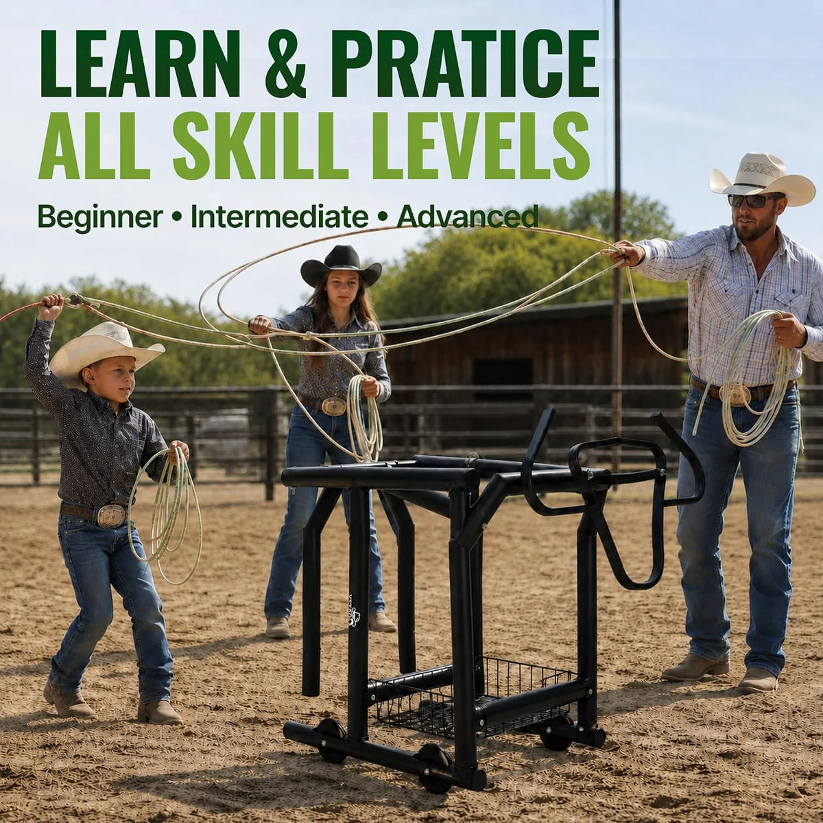 Roping dummy used by a family in an arena, for beginner, intermediate and advanced ropers