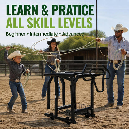 Roping dummy used by a family in an arena, for beginner, intermediate and advanced ropers
